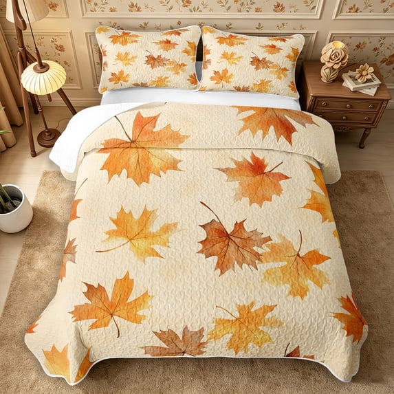 Erosebridal Watercolor Maple Quilt Full 3-Piece,Fall Leaves Full Bedspread Sets,Orange,1 Coverlet and 2 Pillowcases
