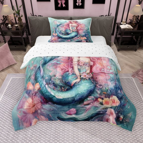 Erosebridal Watercolor Mermaid Twin Comforter Sets for Kids Girls, Oil Painting Flower Bedding Set, Reversible, 1 Comforter and 1 Pillowcase