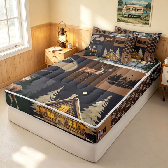 Erosebridal Watercolor Moose Bear Zipper Twin Comforter Sets with Fitted Sheet and 2 Pillowcases, Happy Camping Camper Zipper Bedding Set, Black Reversible