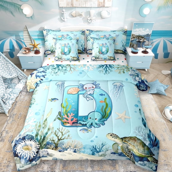 Erosebridal Watercolor Ocean Coral 7 Pieces Bedding Comforter Set For Boys,Cute Axolotl Letter D Monogrammed Kids Full Bedding Set,Reversible