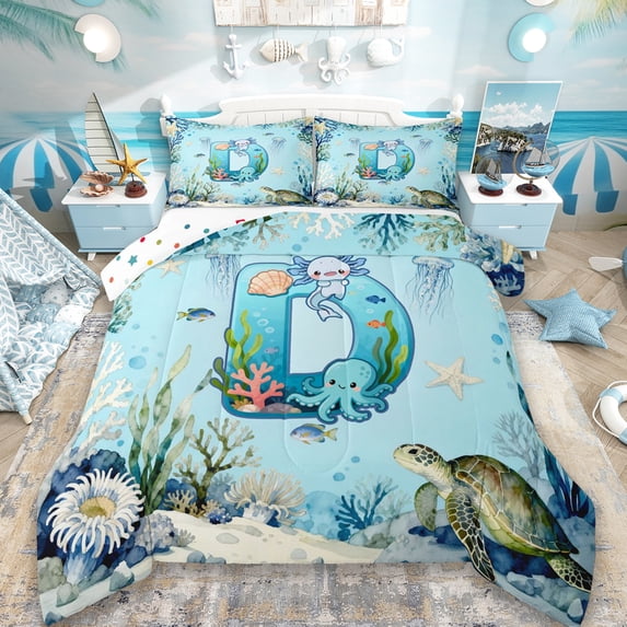 Erosebridal Watercolor Ocean Coral Queen Comforter Set For Boys,Cute Axolotl Letter D Monogrammed Kids Bedding Comforter Set,Reversible 3 Pieces