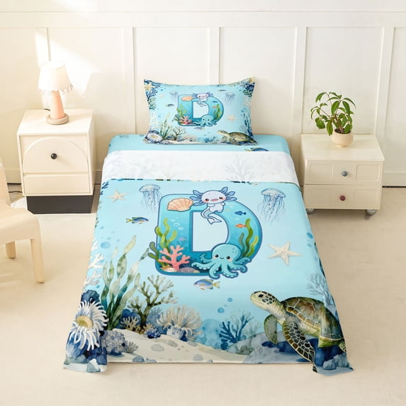 Erosebridal Watercolor Ocean Coral Twin Sheet Sets For Boys,Cute Axolotl Letter D Monogrammed Kids Bedding 3pcs