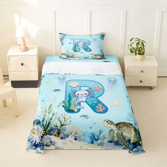 Erosebridal Watercolor Ocean Coral Twin Sheet Sets For Boys,Cute Axolotl Letter R Monogrammed Kids Bedding 3pcs