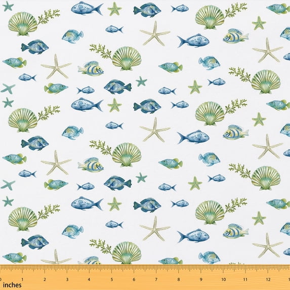 Erosebridal Watercolor Ocean Fish Fabric by the Yard 3 Yards, Seashell Starfish Seaweed Pattern Room Decor Fabric by the Yard