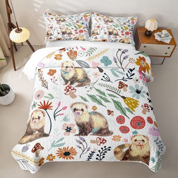 Erosebridal Watercolor Pet Ferret Bed Spread Queen,Colorful Floral Blossom Queen Coverlet Set For Girls,3 Pieces