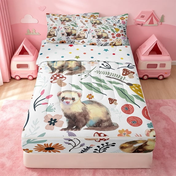 Erosebridal Watercolor Pet Ferret Zipper Queen Comforter Set with Fitted Sheet and 2 Pillowcases,Colorful Floral Blossom Zipper Bedding Set For Girls,Polkadot Reversible,4pcs