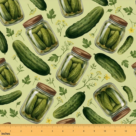 Erosebridal Watercolor Pickle Fabric by the Yard 2 Yards, Cucumber Jar Herb Sewing Fabric