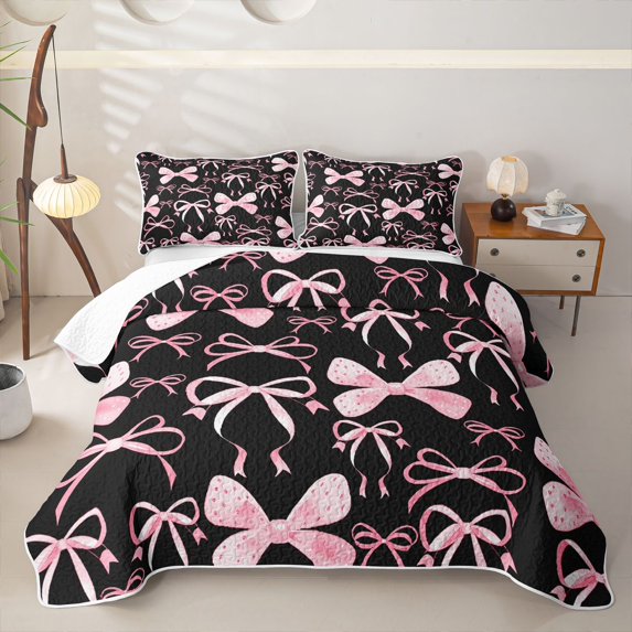 Erosebridal Watercolor Princess Bow Quilt Full for Girls, Black Dot Ribbon Full Bedspread Sets, 3 Pieces