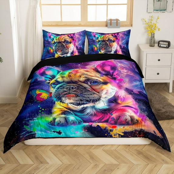 Erosebridal Watercolor Pug Twin Bedding Sets Dog Theme Duvet Cover, Navy Blue Purple Bed Set Cute Animal Comforter Cover, Glitter Stars Galaxy Bed Cover
