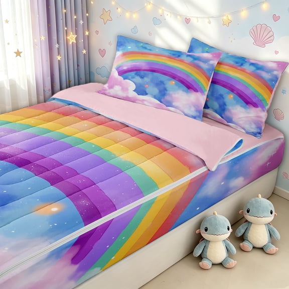 Erosebridal Watercolor Rainbow Zipper Twin Comforter Sets with Fitted Sheet and 2 Pillowcases for Girls, Dreamy Stars Sky Cloud Zipper Bedding Set, Pink Reversible, 4 Pieces