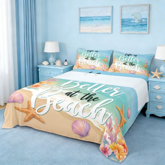 Erosebridal Watercolor Sea Coral Kids Full Size Sheets,Ocean Beach Theme Hawaii Summer Holiday Bed Sheets For Girls 4 Pieces