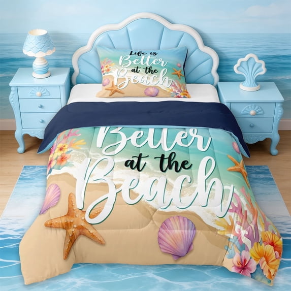 Erosebridal Watercolor Sea Coral Kids Twin Comforter Sets,Ocean Beach Theme Hawaii Summer Holiday Bedding Set For Girls,Reversible Navy Blue,2-Piece