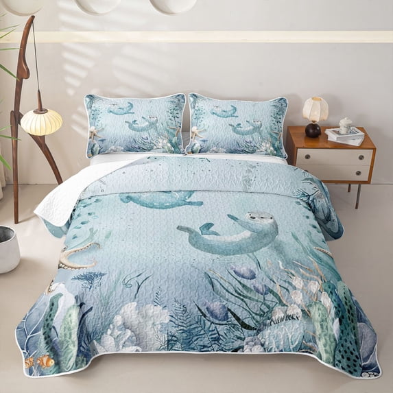 Erosebridal Watercolor Sea Otter Quilt King for Boys Girls, Blue Kawaii Sealife King Coverlet Set, 3 Pieces
