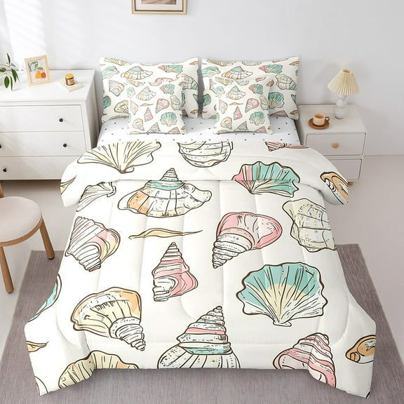 Erosebridal Watercolor Sea Shell Conch Bed in a Bag Full Size, Coastal Beach Theme Bed Set, Reversible 7-Piece