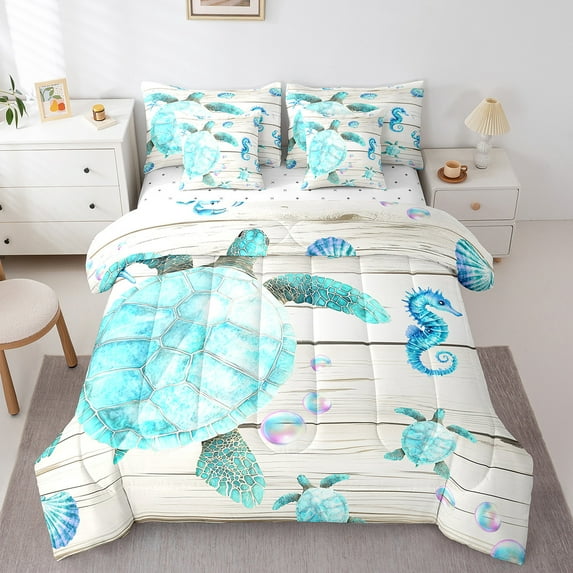 Erosebridal Watercolor Sea Turtle Bedding Queen Size, Ocean Animal Duvet Set, Cyan Beige, Ultra Soft 7 Pieces