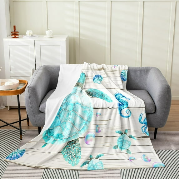 Erosebridal Watercolor Sea Turtle Sherpa Blanket, Ocean Animal Fleece Blanket 50x60, Cyan Beige