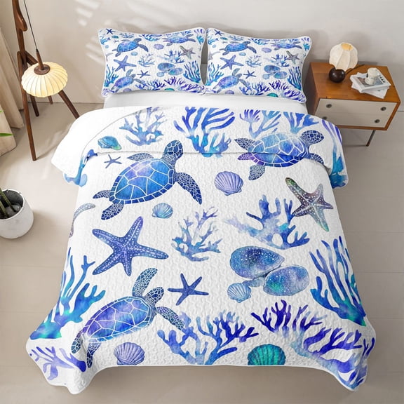 Erosebridal Watercolor Sea Turtle Twin Quilt Set for Boys Men, Ocean Seashell Coral Twin Coverlet Set, 2 Pieces