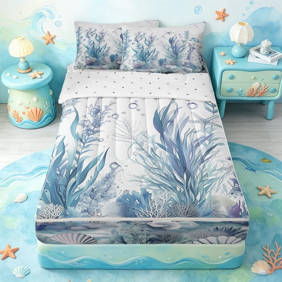 Erosebridal Watercolor Seagrass Coral Zipper Twin Comforter Sets with Fitted Sheet and 2 Pillowcases,Seashell Starfish Underwater Zipper Bedding Set For Boys,Reversible,4 Pieces