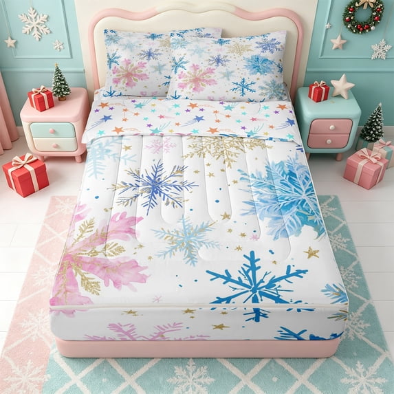 Erosebridal Watercolor Snowflake Zipper Queen Comforter Set with Fitted Sheet and 2 Pillowcases,Blue Pink Winter Art Zipper Bedding Set,Colorful Stars Reversible,4 Pieces