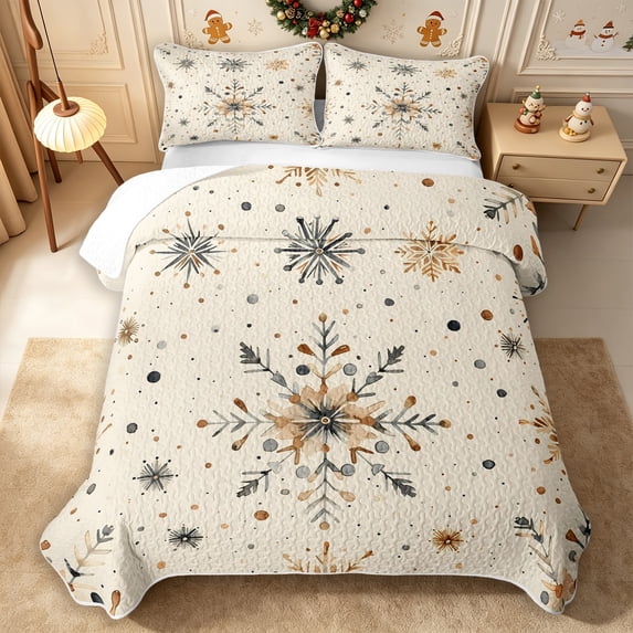 Erosebridal Watercolor Snowflakes Quilt Full 3-Piece,Winter Christmas Full Bedspread Sets,Khaki,1 Coverlet and 2 Pillowcases