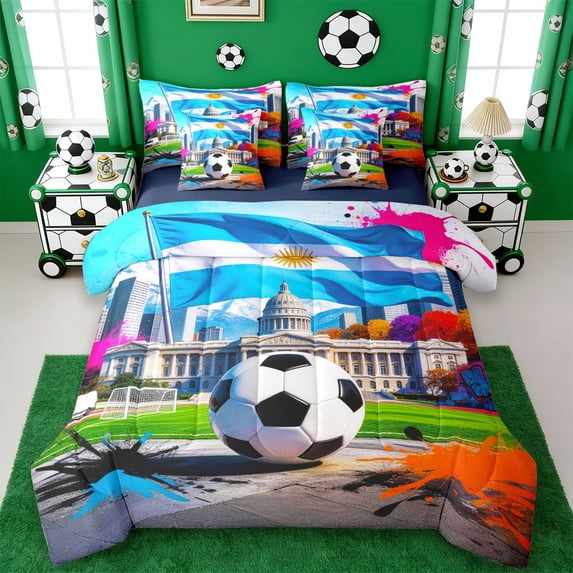 Erosebridal Watercolor Splashing Ink 7-Piece Bedding Comforter Set,Football Games Soccer Ball Sport Kids King Bedding Sets,Reversible Navy
