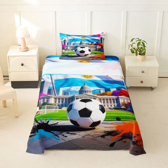 Erosebridal Watercolor Splashing Ink Twin Sheet Sets,Football Games Soccer Ball Sport Kids Bedding 3-Piece