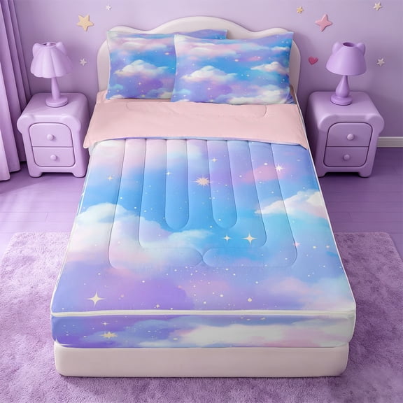 Erosebridal Watercolor Stars Clouds Cape Zipper Twin Comforter Sets with Fitted Sheet and 2 Pillowcases,Multicolor Dreamy Sky Zipper Bedding Set For Girls,Pink Reversible,4-Piece