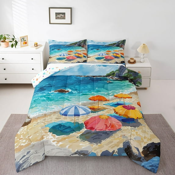 Erosebridal Watercolor Tropical Beach Comforter Sets, Colorful Parasol Comforters & Duvets, Coastal Theme Bedroom Decor, Reversible 2 Pieces