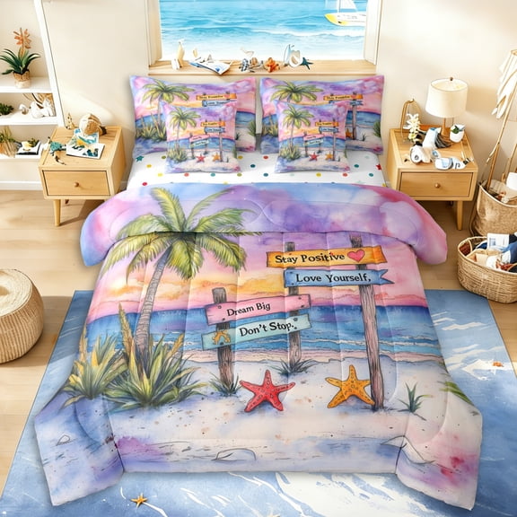 Erosebridal Watercolor Tropical Ocean Beach Bedding Comforter Set 7pcs For Boys Girls,Teens Summer Holiday Palm Tree Starfish Queen Bedding Sets,Super Cozy Room Decor