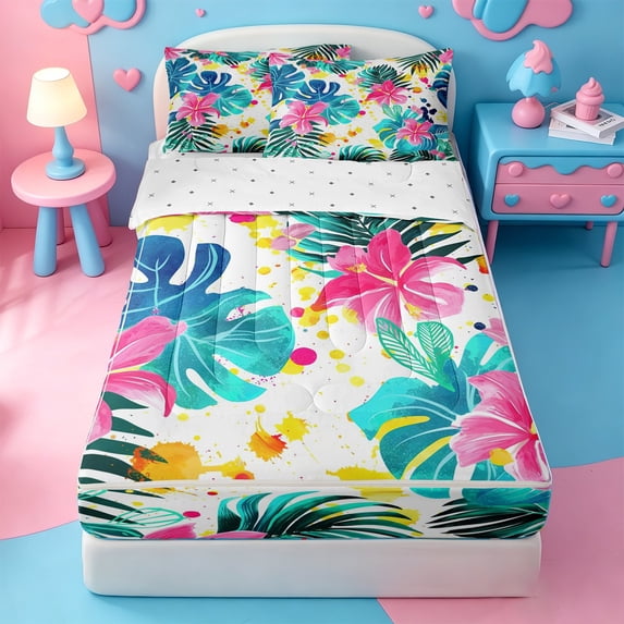 Erosebridal Watercolor Tropical Zipper Twin Comforter Sets with Fitted Sheet and 2 Pillowcases,Colorful Monstera Print Zipper Bedding Set For Adults,Reversible,4 Pieces