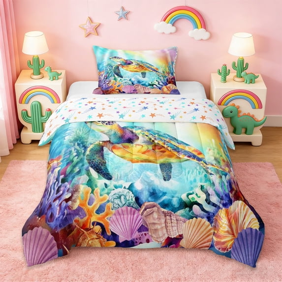 Erosebridal Watercolor Turtle Animals Twin Comforter Sets,3D Ocean Shell Coral Bedding Set For Men Women, Reversible 2 Pieces