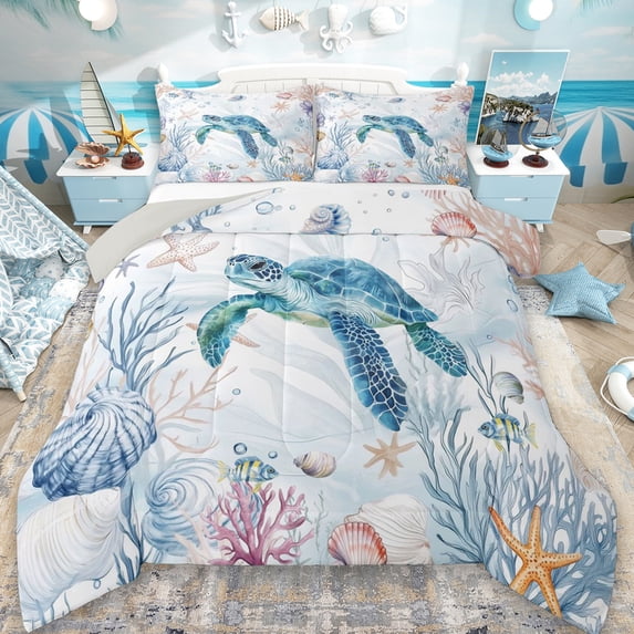Erosebridal Watercolor Underwater Word Queen Comforter Set,Ocean Marmine Sealife Turtle Bedding Comforter Set For Kids, Reversible 3-Piece