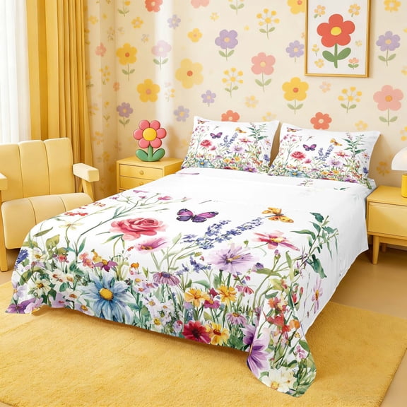 Erosebridal Watercolor Wildflower Butterfly Full Size Sheets for Women, Multicolor Romantic Bed Sheets, 4pcs, 1 Flat Sheet, 1 Fitted Sheet and 2 Pillowcases