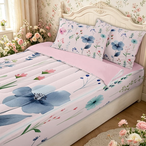 Erosebridal Watercolor Wildflower Print Zipper Full Size Comforter Sets with Fitted Sheet and 2 Pillowcases for Women, Spring Floral Zipper Bedding Set, Pink Reversible, 4-Piece