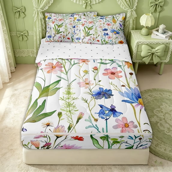 Erosebridal Watercolor Wildflower Zipper Full Size Comforter Sets with Fitted Sheet and 2 Pillowcases for Girls, Green Botanical Leaf Print Zipper Bedding Set, Reversible, 4 Pieces