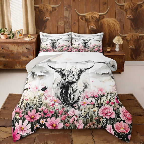 Erosebridal Watercolow Highland Cow Queen Comforter Set, Mountain Butterfly Blossom Bedding Comforter Set