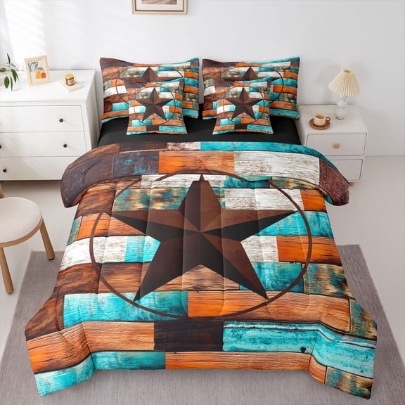 Erosebridal West Texas Star 7 Pcs Comforter Set Twin,Rustic Barn Star Bed in a Bag with Flat Sheet and Fitted Sheet,Country Farmhouse Sheet Set,Blue Green Wooden Bedding Set with Pillowcase & Sham