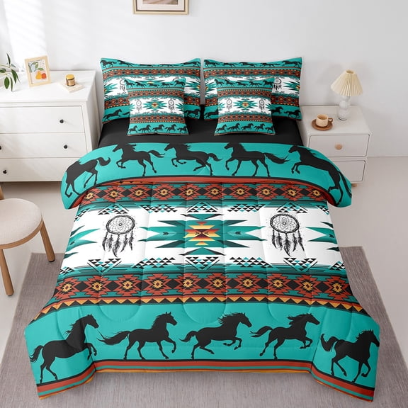 Erosebridal Western Aztec Bed in a Bag Queen size, Tribal Horse Bed Set, Triangle Geometry Reversible Bedding Queen Size, Microfiber Bedroom Decorative, 7pcs