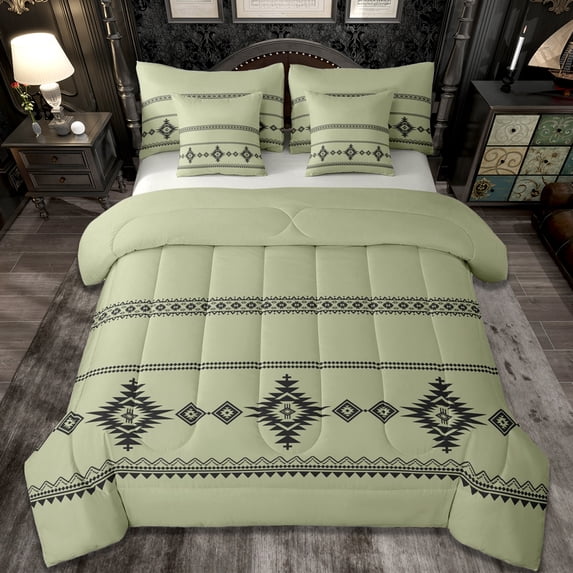 Erosebridal Western Aztec Geometric 7pcs Bedding Comforter Set,Green Black Queen Bedding Sets For Adult,Reversible