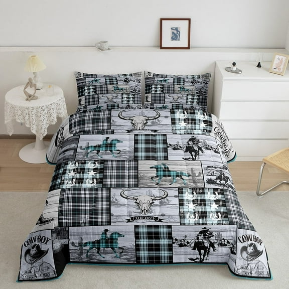 Erosebridal Western Bedding Queen Cowboy Horse Comforter Set Teen Boho Western Bull Cow Print Bedding Sets American Wild West Comforter Blue Farmhouse Buffalo Plaid Decor 2 Pillow Cases