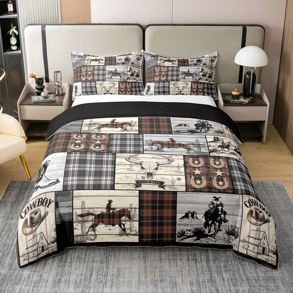 Erosebridal Western Bedding Set Queen Cowboy Comforter Cover Western Duvet Cover Horse Cow Print Bed Set Country Farmhouse Buffalo Plaid Check Decor Brown Black Grey Bedroom Decor 3 Pcs