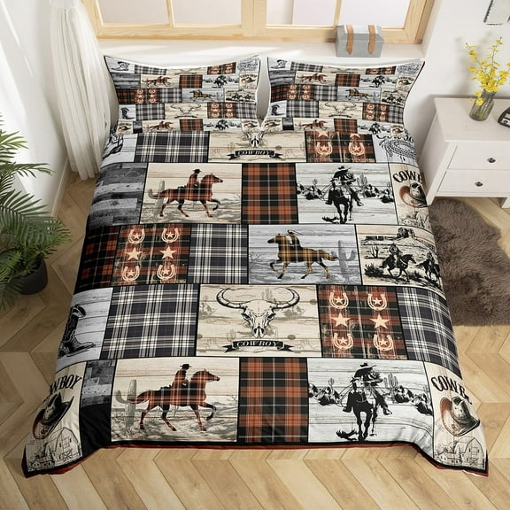 Erosebridal Western Bedding Set Queen Cowboy Comforter Cover Western Duvet Cover Horse Cow Print Bed Set Country Farmhouse Buffalo Plaid Check Decor Brown Black Grey Bedroom Decor 3 Pcs