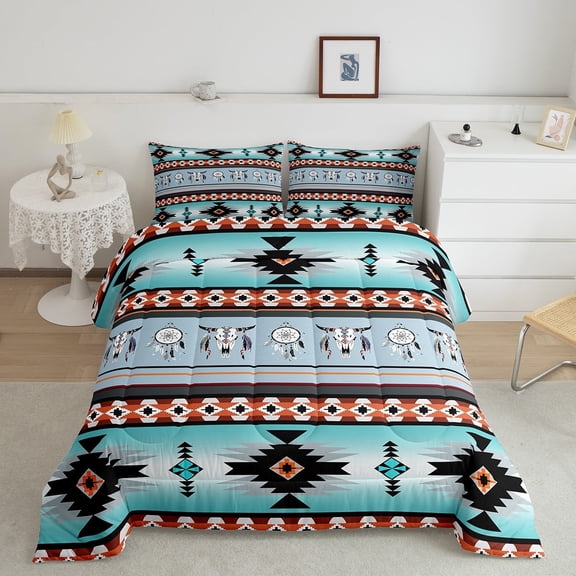 Erosebridal Western Bedding Sets Full, Exotic Bull Skull Full Comforter Set Southwestern Quilt,Dream Catchers Tribe Feather Duvet Insert Western Animals Boho Aztec Western Decor Blue Teal Orange