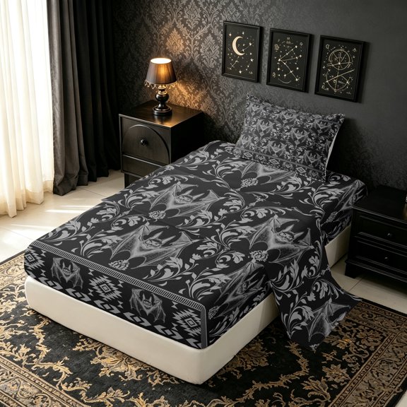 Erosebridal Western Boho Bat Twin Sheets, Hippie Aztec Bedding, Black Gray, Black Reversible, 3 Pieces, 1 Flat Sheet, 1 Fitted Sheet and 1 Pillowcase