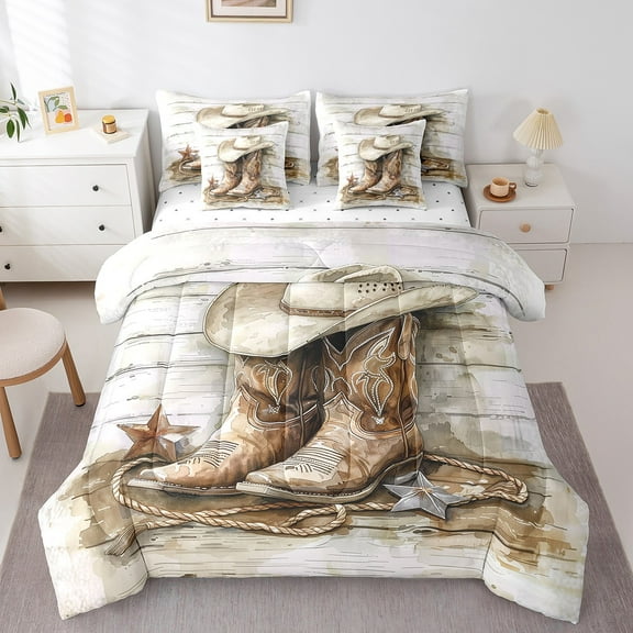Erosebridal Western Boot Bed in a Bag Twin size, Cowboy Cowgirl Bed Set, Texas Stars Decor, 7pcs