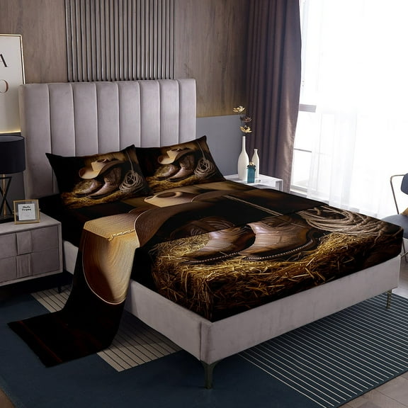 Erosebridal Western Boot Queen Sheet Sets, Cowboy Cowgirl Bedding Queen Size, Rustic Bed Sheets Queen, Breathable Room Decoration, 4 Pieces