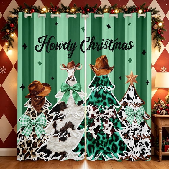 Erosebridal Western Christmas Blackout Curtains, Cartoon Pine Tree Window Curtains Pack of 2 (38x45 Each), Sage White