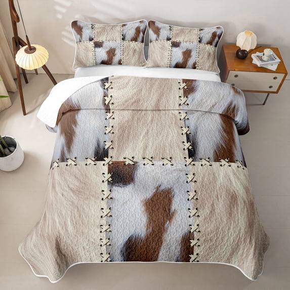 Erosebridal Western Cow Print Quilt King for Women Men, Beige Buffalo Patchwork King Coverlet Set, 3-Piece
