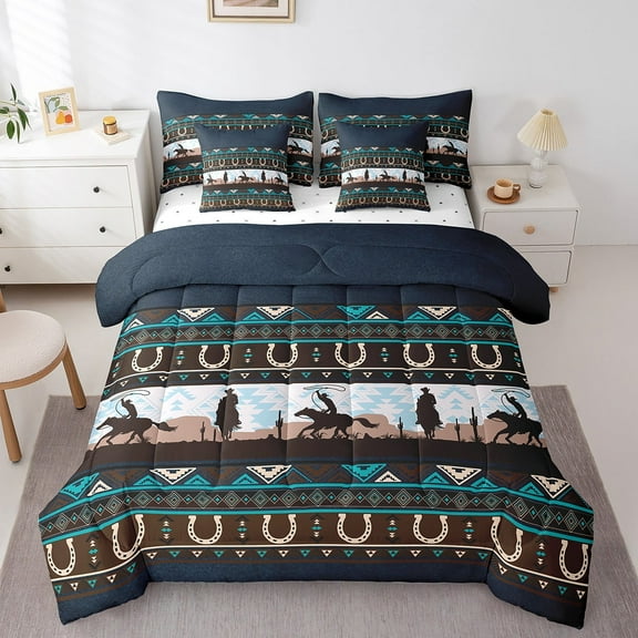 Erosebridal Western Cowboy Bedding Sets Twin Size, Tribal Horse Animal Comforter Sets with Sheets, Aztec Geometry Bedding Twin Size, Lightweight Room Decorative, 7pcs