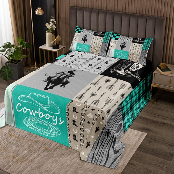 Erosebridal Western Cowboy Bedspread Set Queen Country Horse Cow Print Quilt Set Boho Plaid Aztec Arrow Coverlet Set West Cowboy Room Decor,Rustic Farmhouse Bed Set Turquoise 2 Pillow Cases